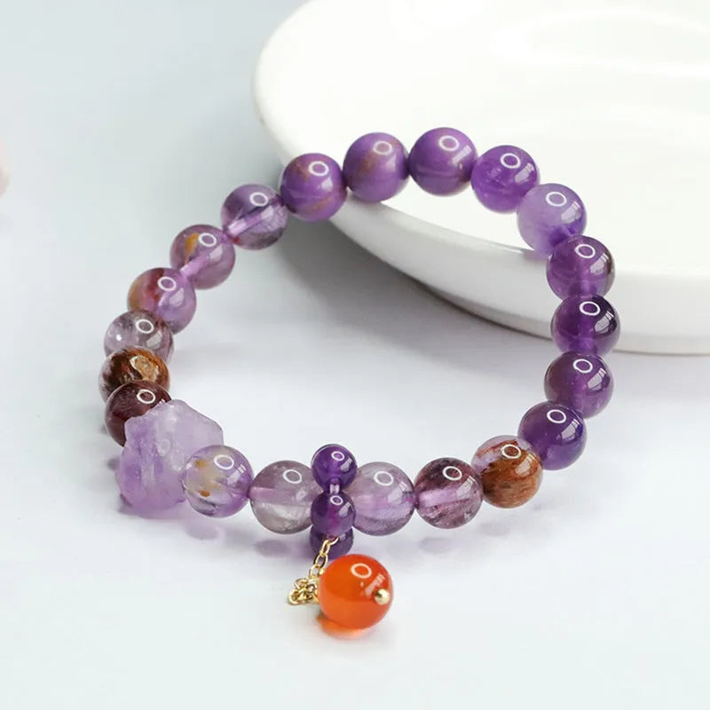 Natural purple amethyst and red agate crystal bracelet in Mori style design
