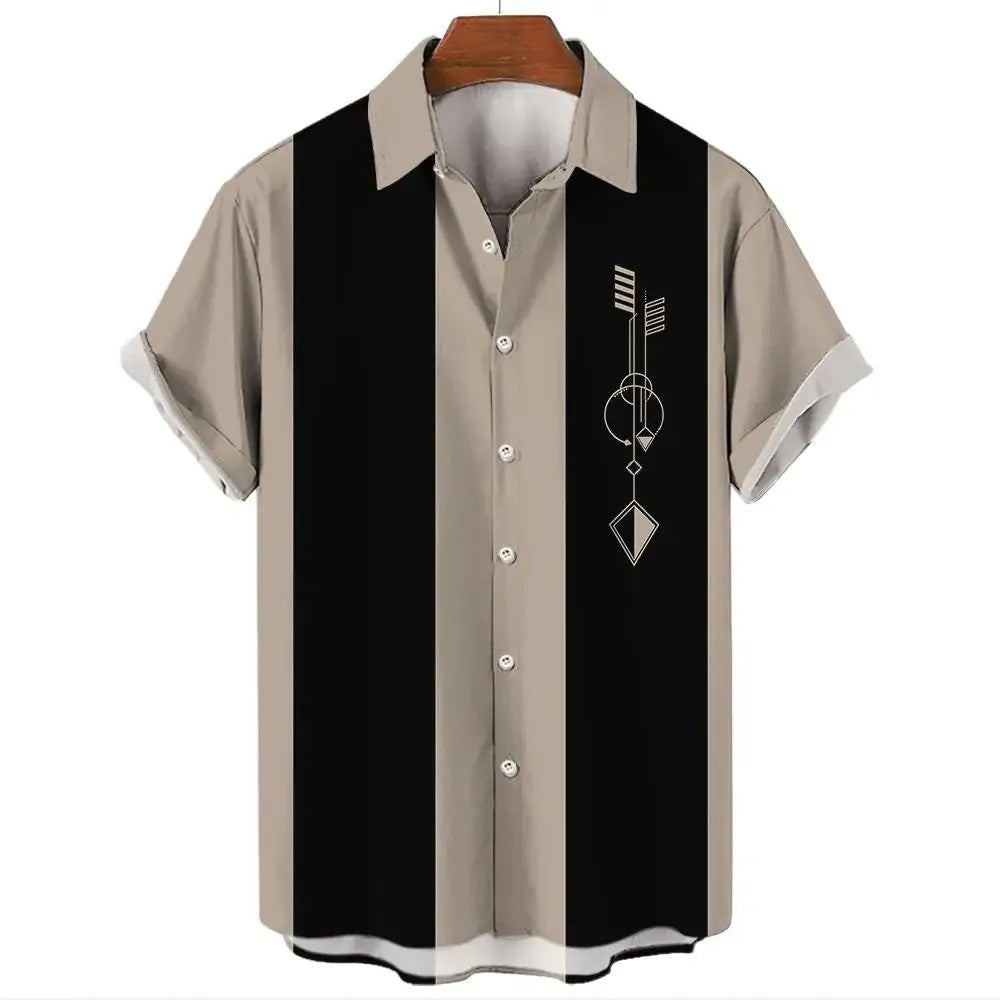 Men's striped Hawaiian casual shirt in polyester with button front and short sleeves