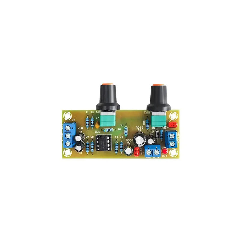 Front stage amplifier circuit board with bass boost components on green FR-4 fibreglass