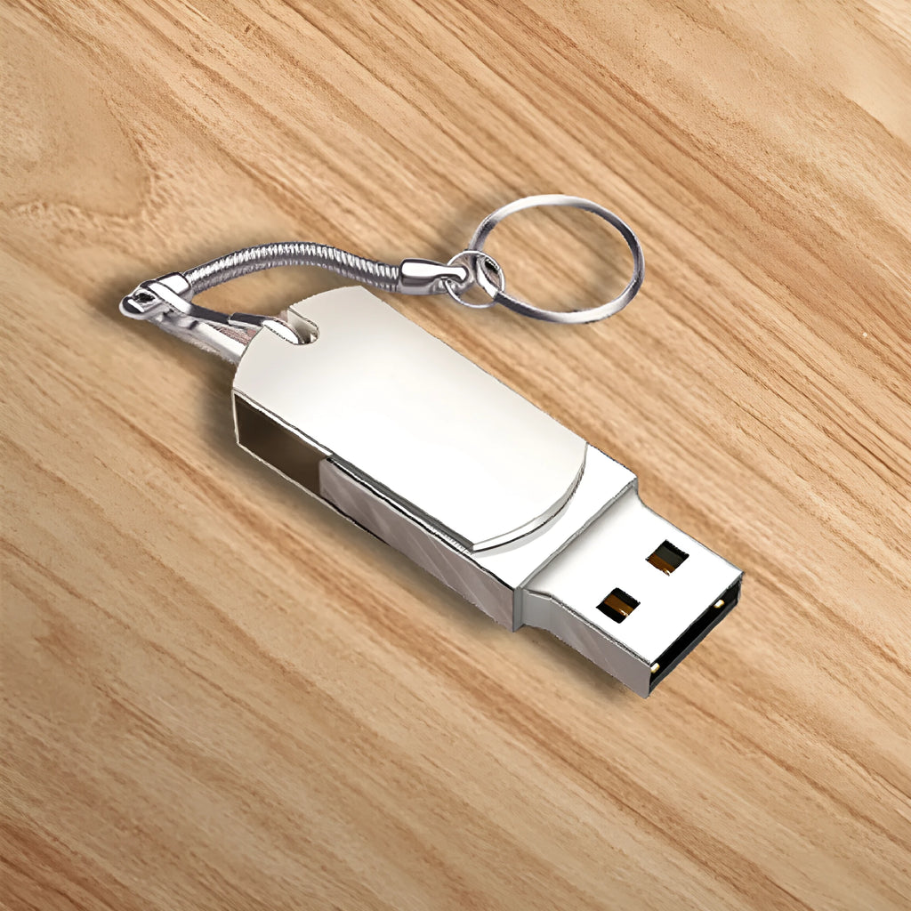 White metal rotating USB flash drive showing compact size and connector.