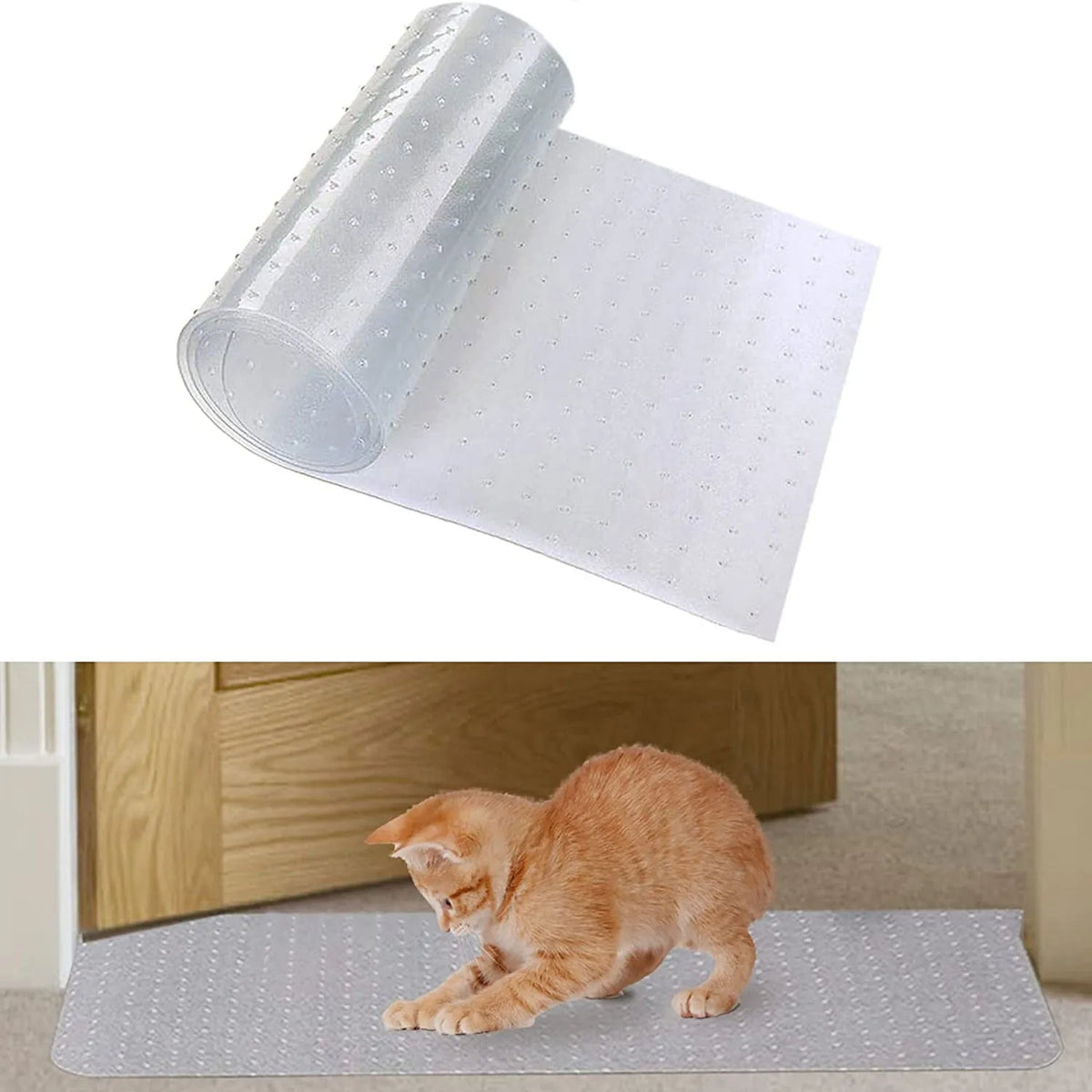 Transparent PVC cat scratch protective pad with studs for door carpet, sizes 31x92cm to 31x250cm