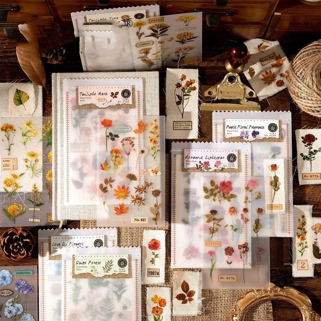 Huazhisen forest art sticker pack showing transfer paper and cotton linen sheets in literature style