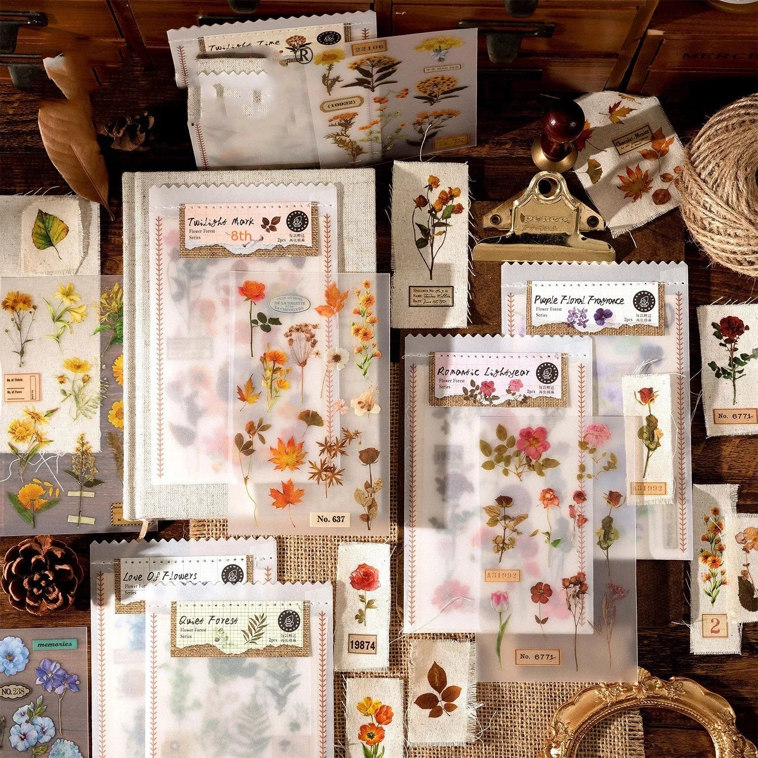 Huazhisen forest art sticker pack showing transfer paper and cotton linen sheets in literature style