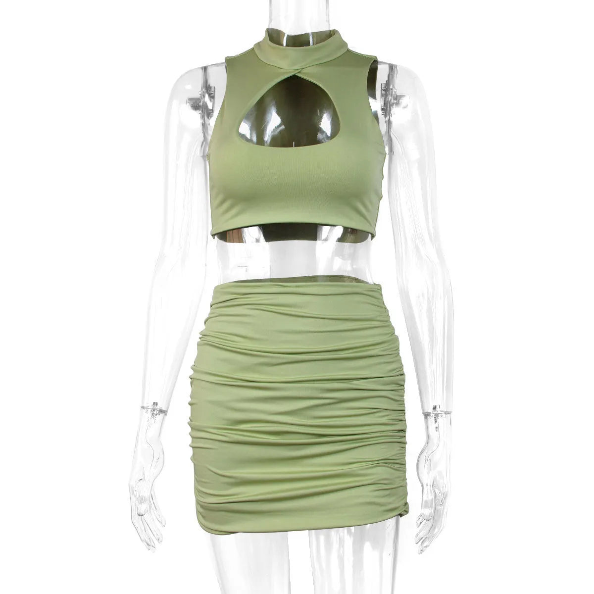 Light purple summer two-piece set with hollow vest top and split skirt on model