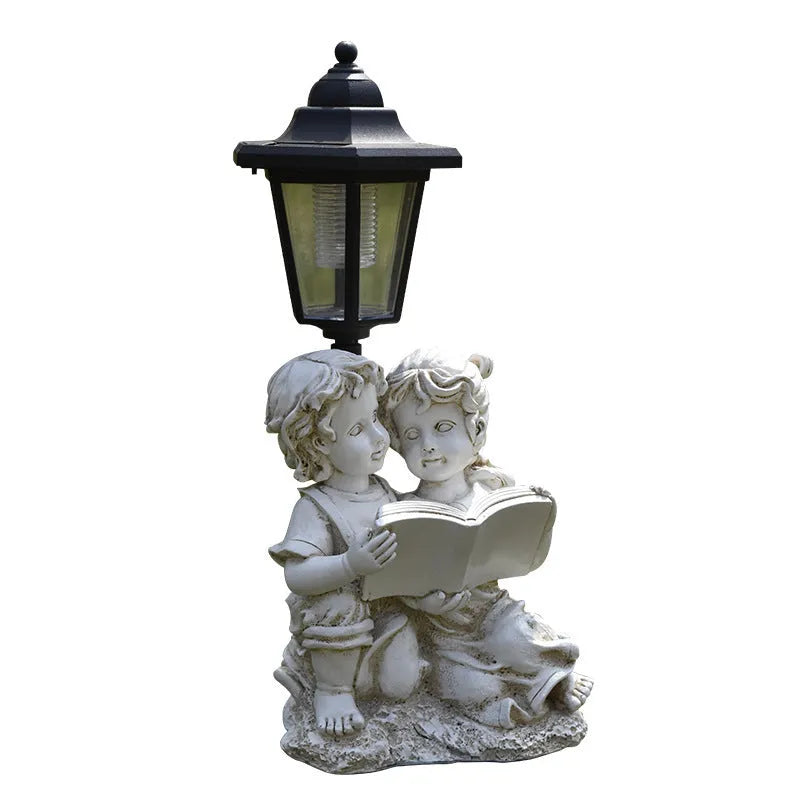 Solar hexagonal garden lamp resin craft in outdoor garden setting with decorative sculpture design