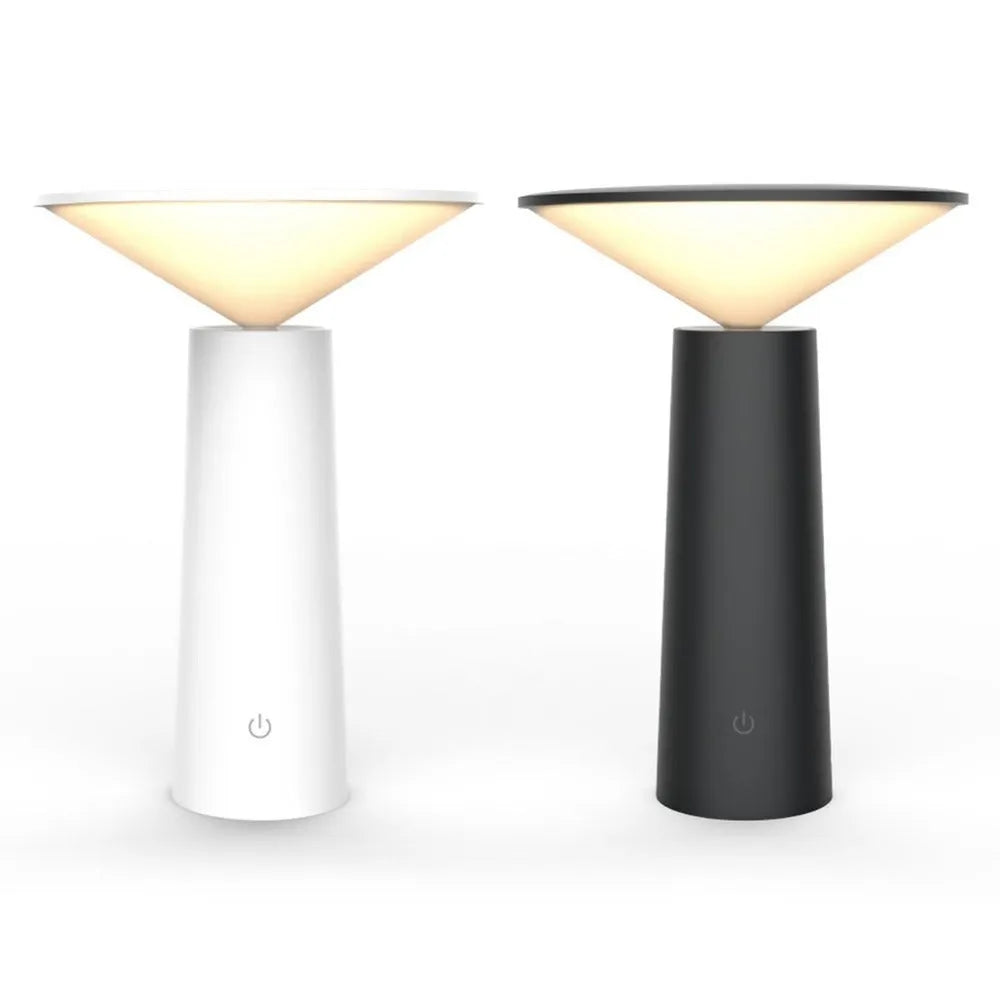 Black USB rechargeable LED desk lamp with touch controls and an adjustable lamp head on a wooden desk