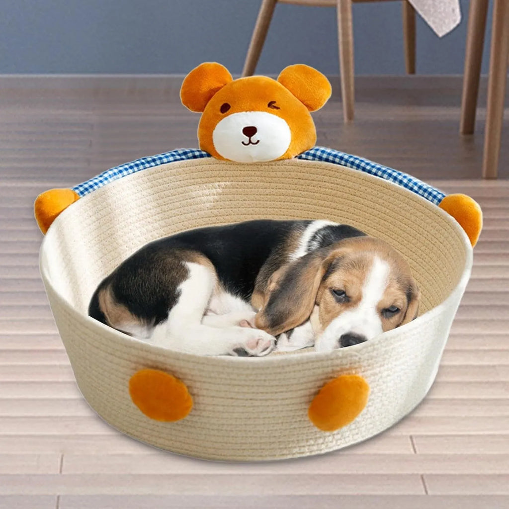 Woven cotton rope cat bed and scratching board in basket shape with bear design