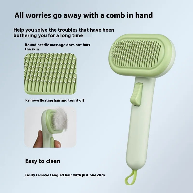 Large pet hair removal comb with stainless steel blades and one-click button for untangling knots