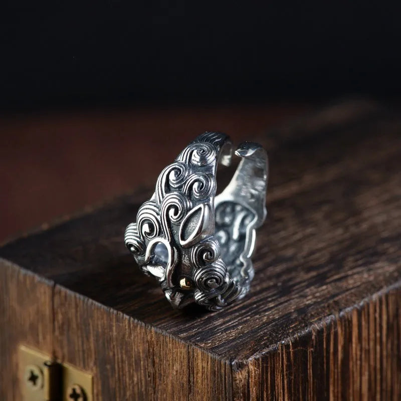 Silver open ring with Domineering Jibeast animal and Zodiac pattern in retro style