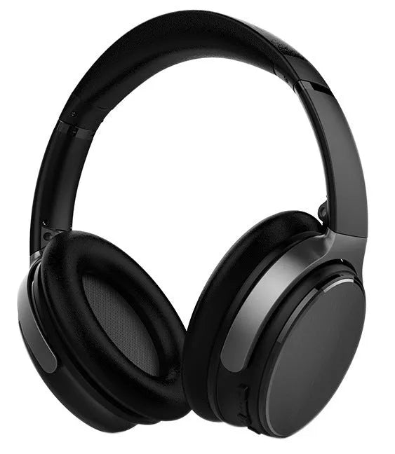 Black wireless noise reduction Bluetooth headset with aptX, 10m range, and included 3.5mm audio cable.