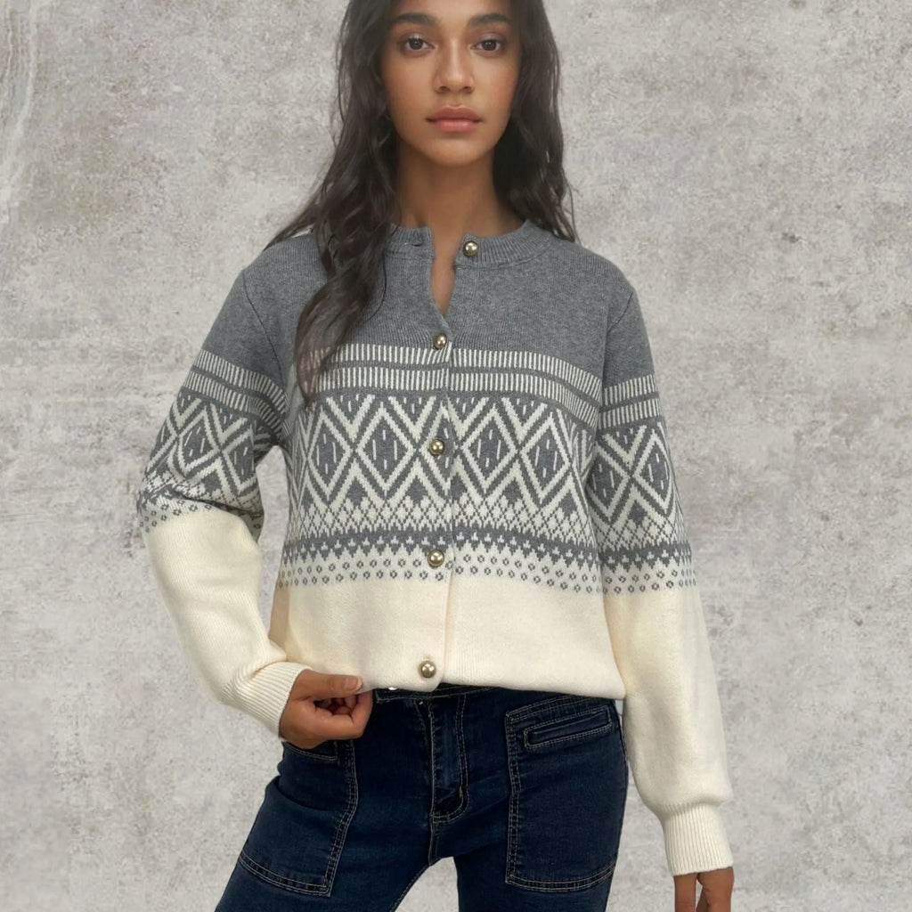 Long-sleeved red alpaca wool cardigan with a colourful diamond knit pattern