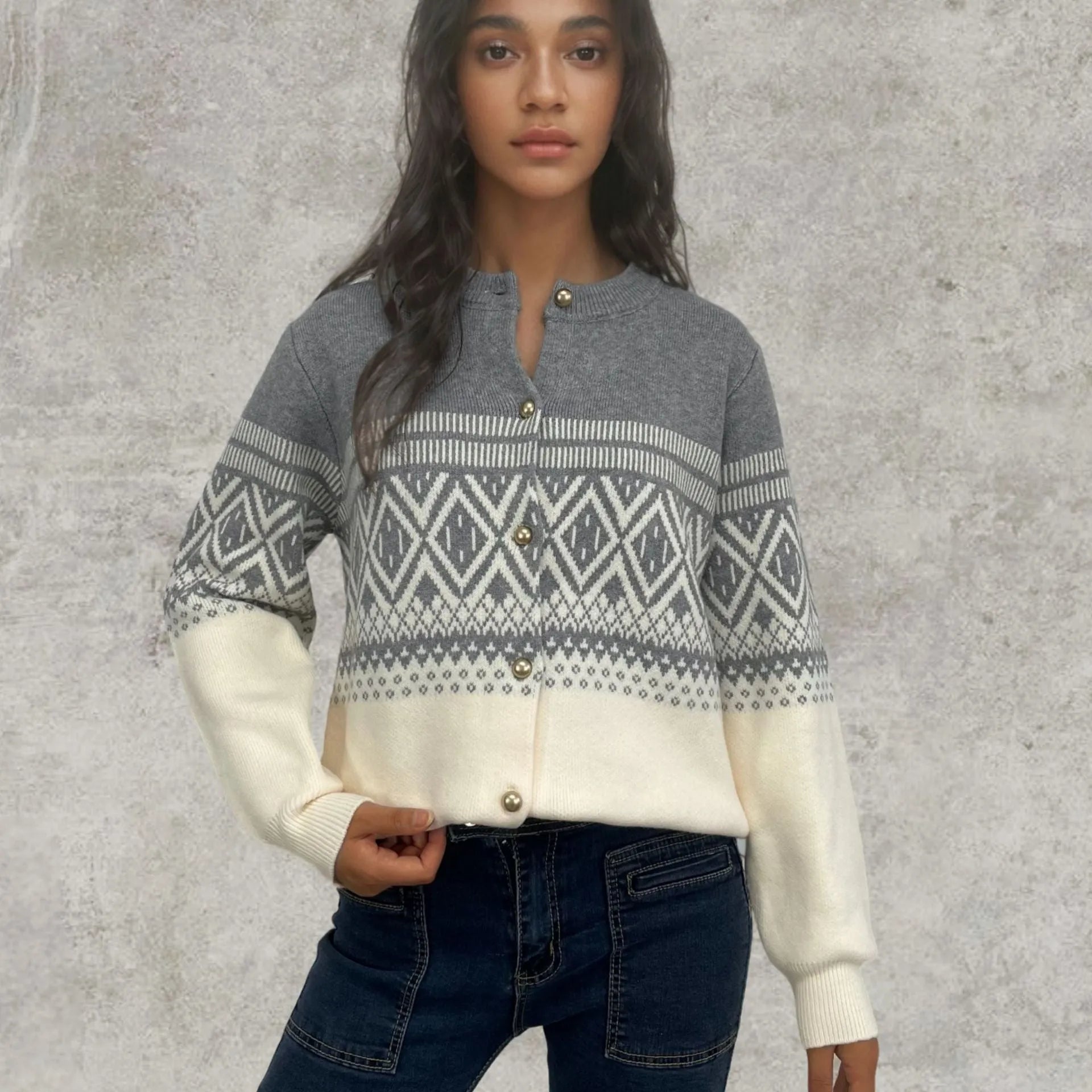 Long-sleeved red alpaca wool cardigan with a colourful diamond knit pattern