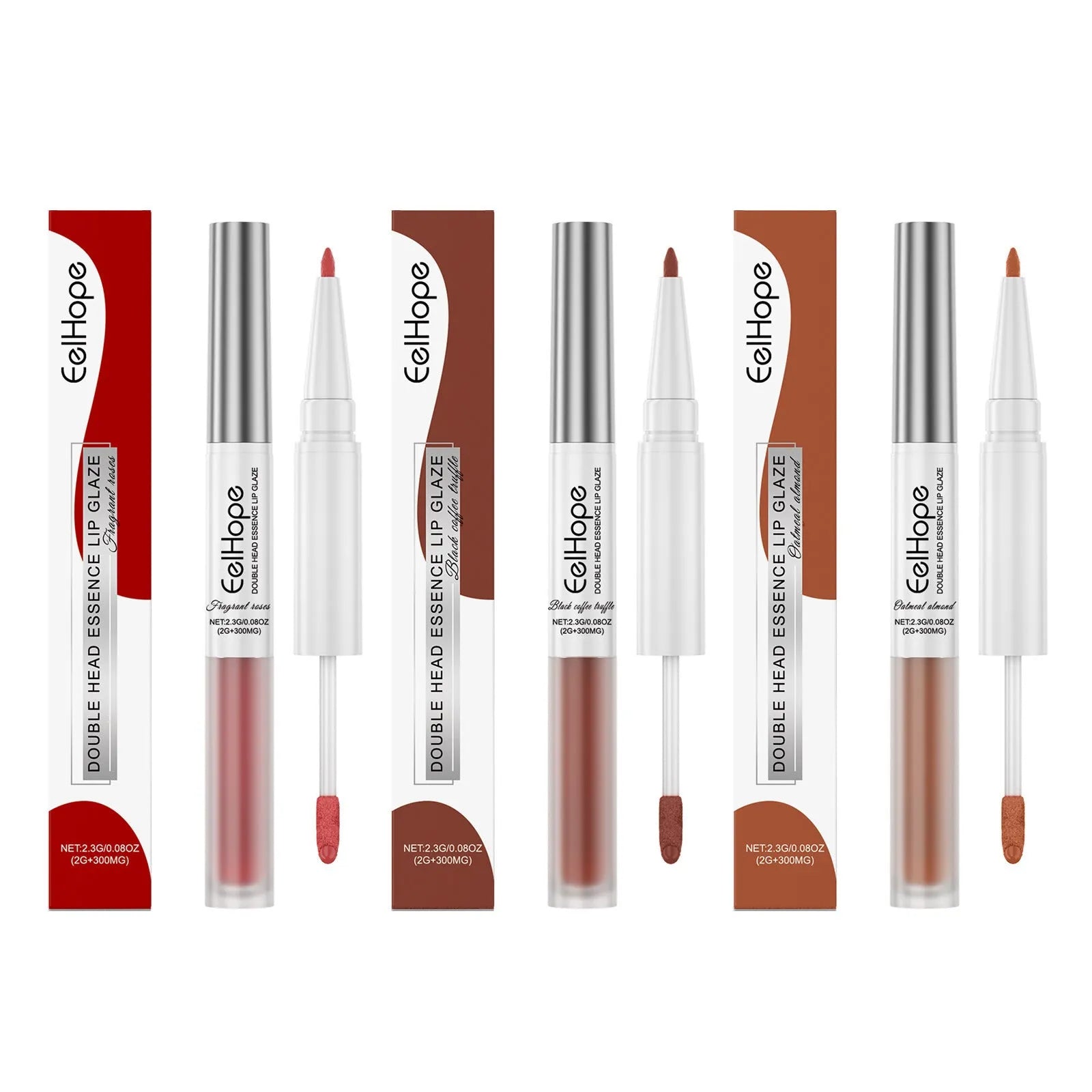 Double-headed lip liner and lip lacquer pen in a case, showing two colour-coordinated tips.