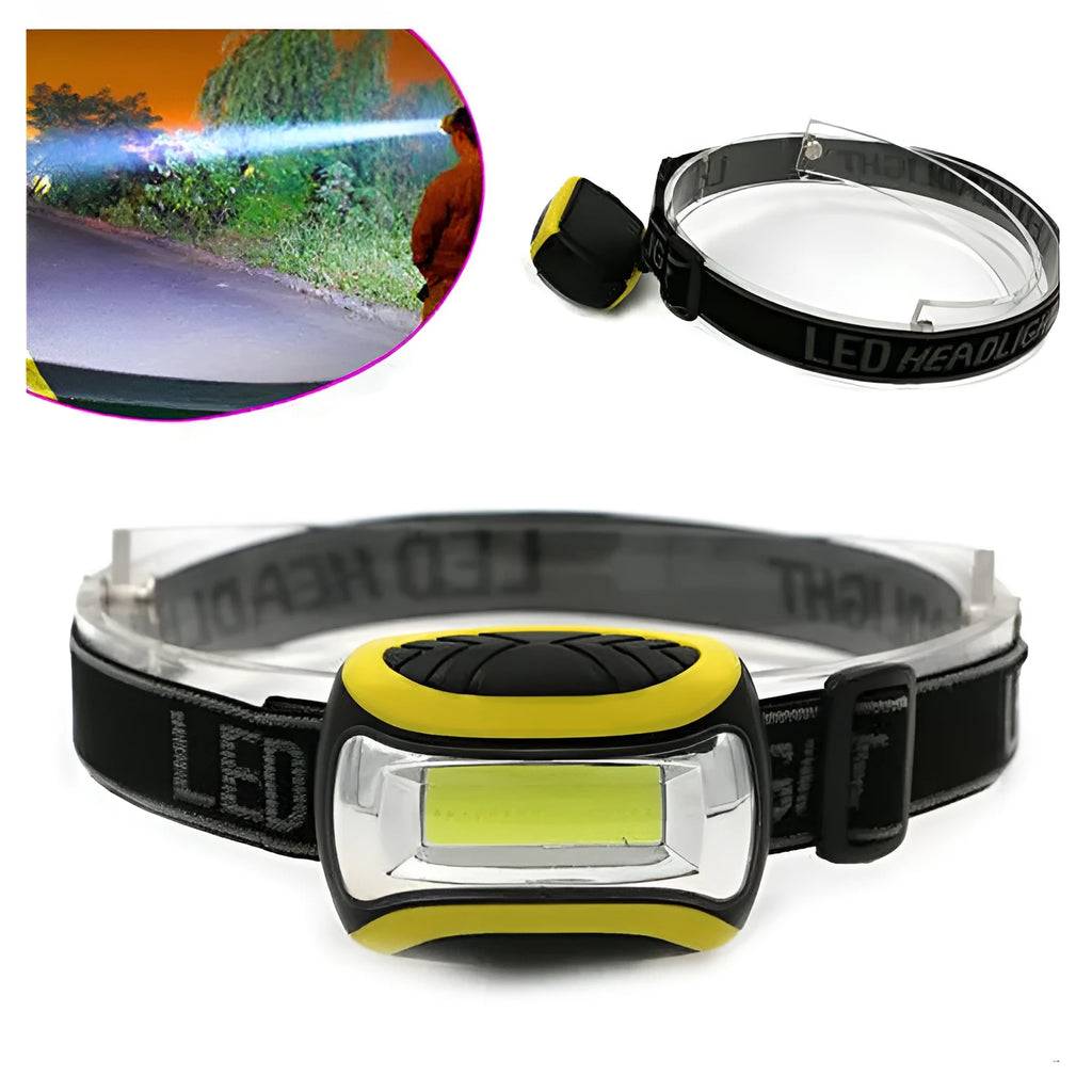 Yellow plastic headlamp with COB light source and adjustable headband