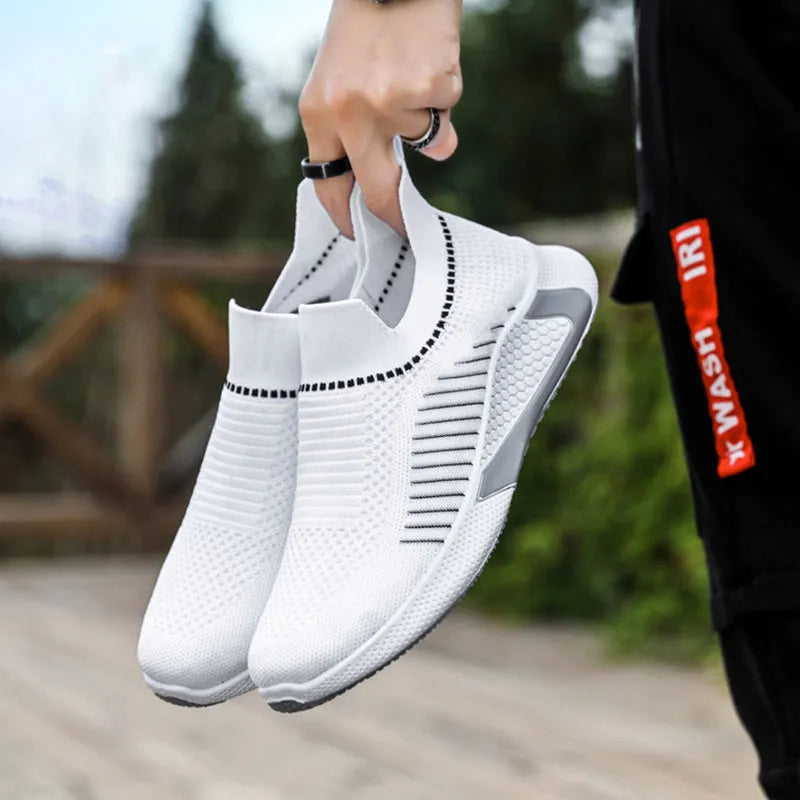Men's striped mesh sock shoes with flyknit upper and lace-up closure in multiple colour options