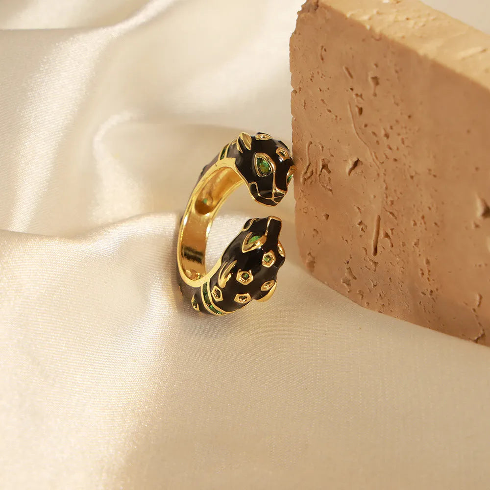 Geometric open ring with black electroplated cheetah pattern, size no.7 copper jewellery