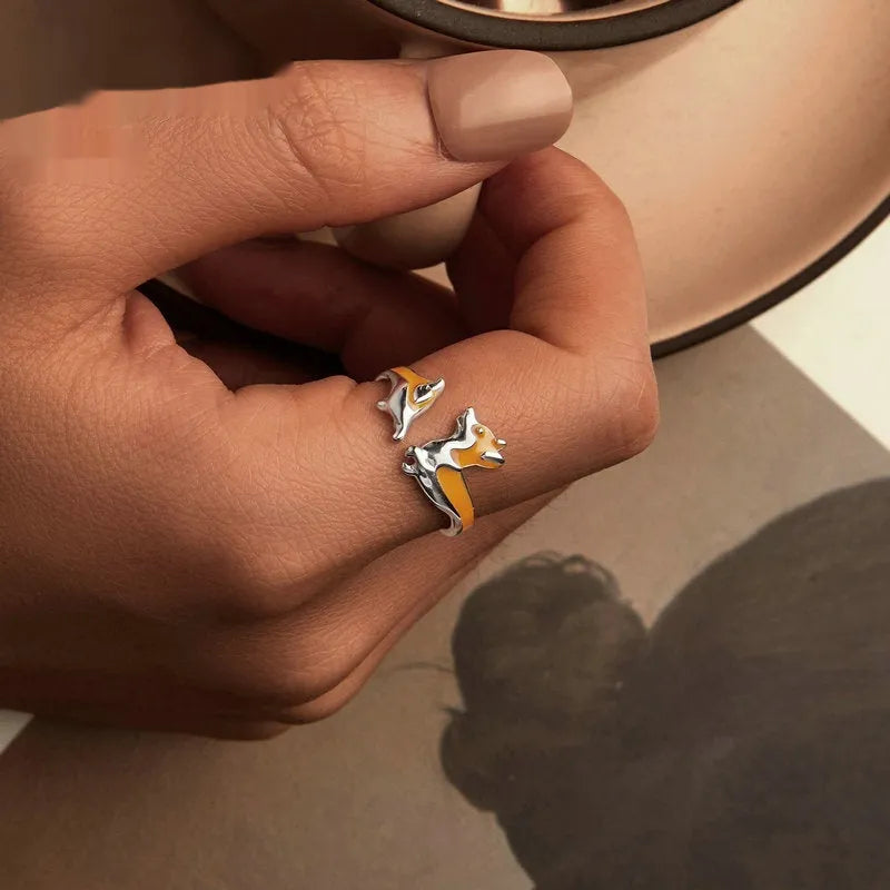 Adjustable silver ring with cartoon corgi design and electroplated finish, SCR1014-E colour variant