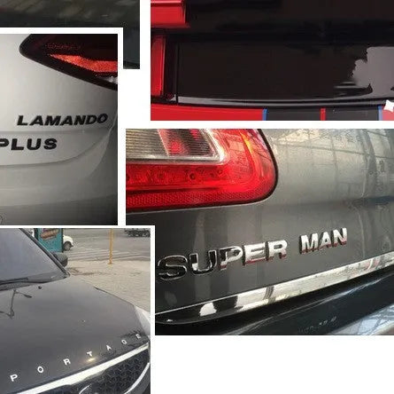 3D metal car letter sticker in zinc alloy, shown in black and silver finishes, approx. 2.5 cm in size.