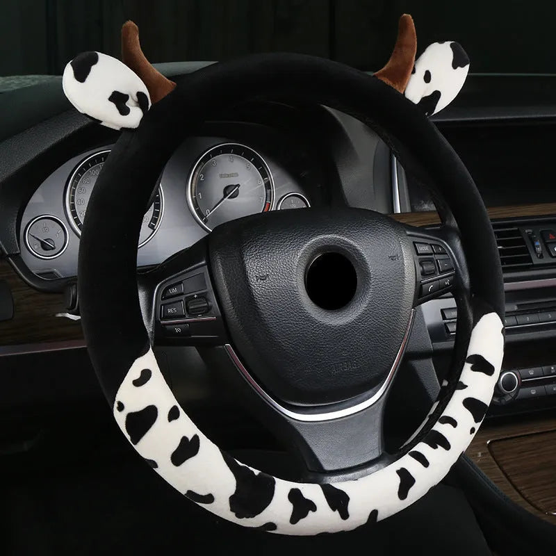 Plush car steering wheel cover with protective handle in black or coffee colour