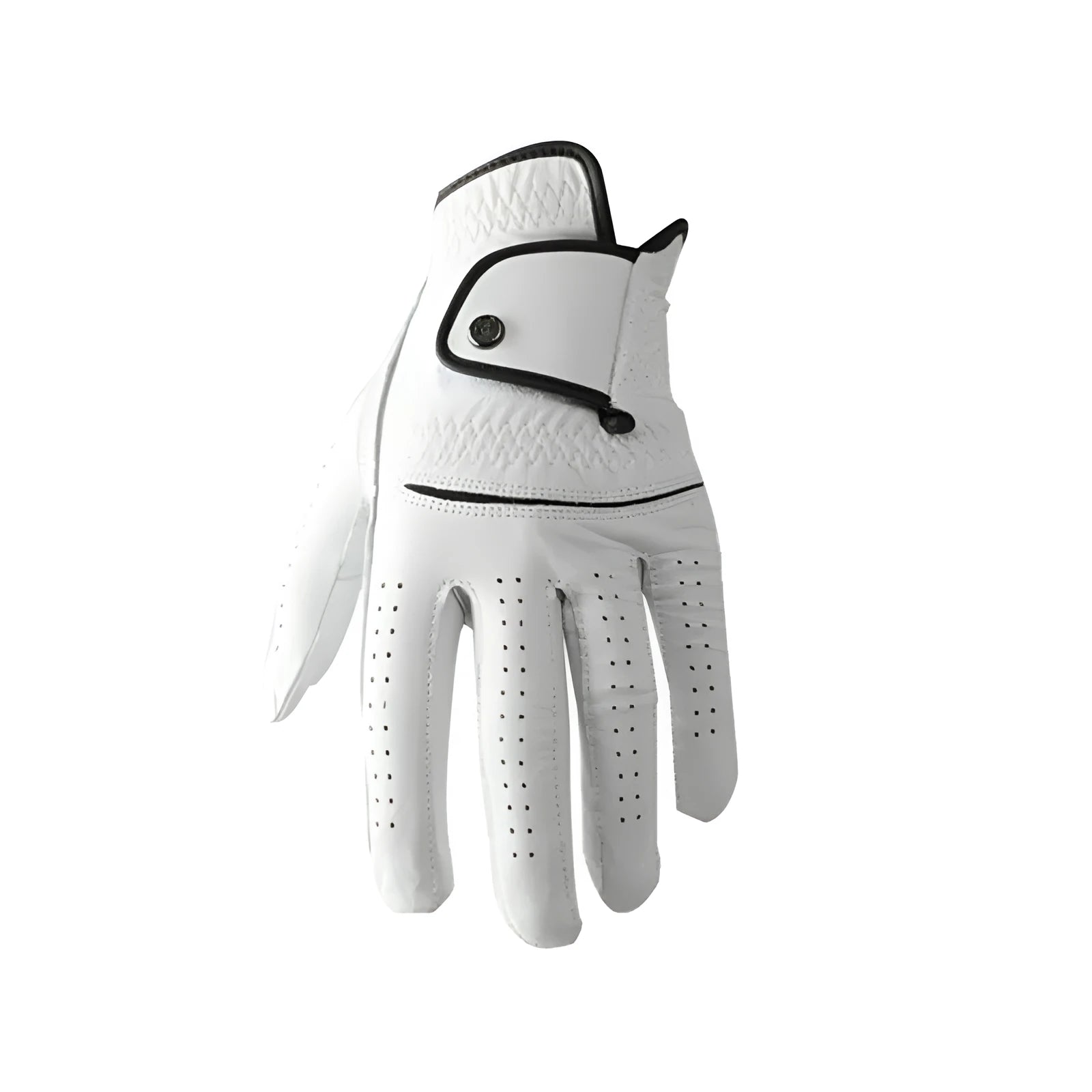 White half sheepskin men's golf glove for left or right hand, showing textured palm.