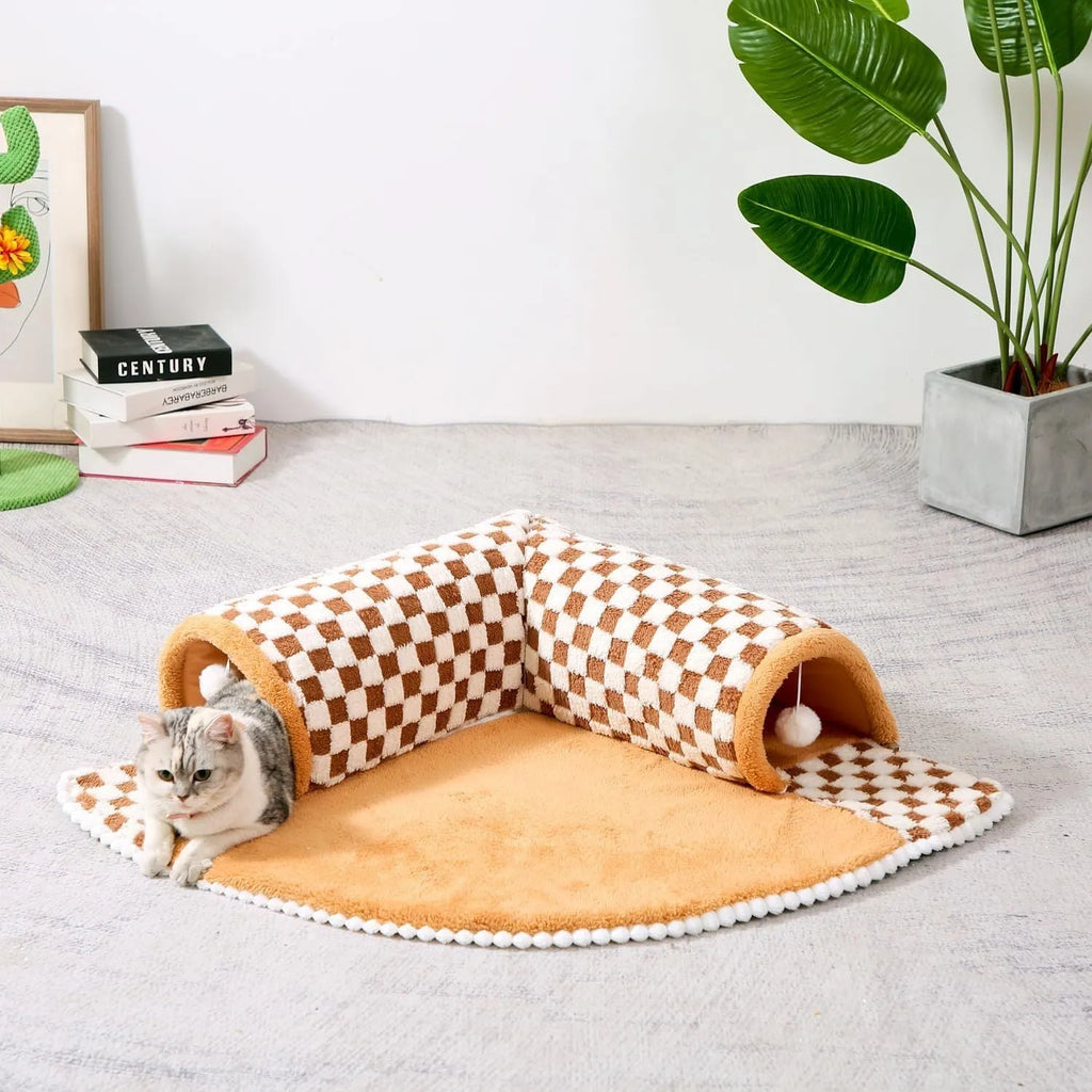 Fan-shaped plush dog cat bed with tunnel and sleeping area in coffee colour
