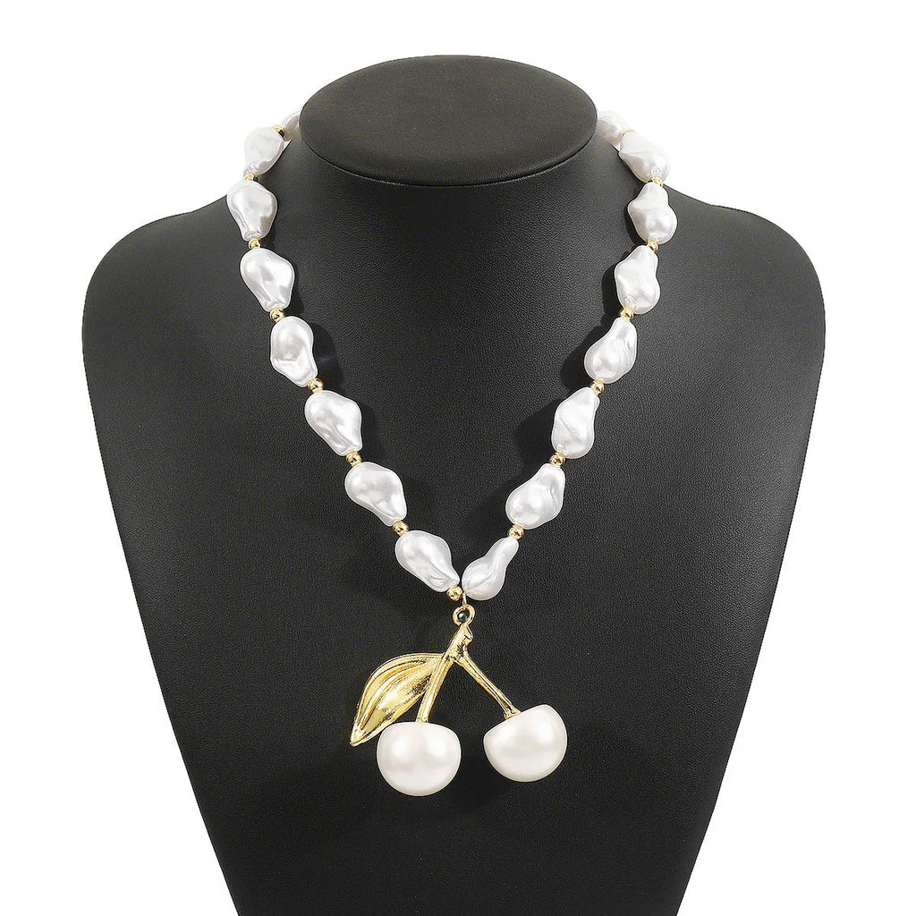 Women's irregular pearl cherry fruit necklace with gold or white K electroplated finish and adjustable 51cm-60cm length