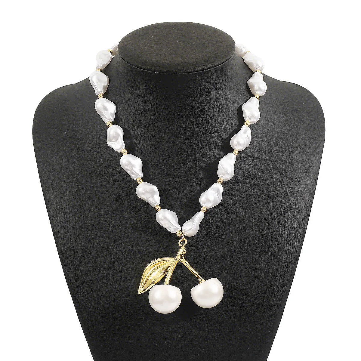 Women's irregular pearl cherry fruit necklace with gold or white K electroplated finish and adjustable 51cm-60cm length