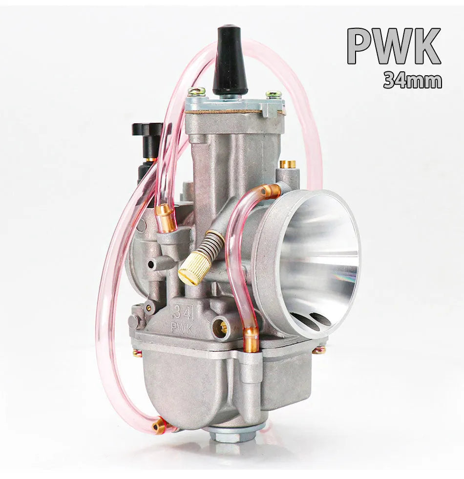 Sandblasted PWK motorcycle performance carburetor for engine tuning, sizes 21mm to 34mm.