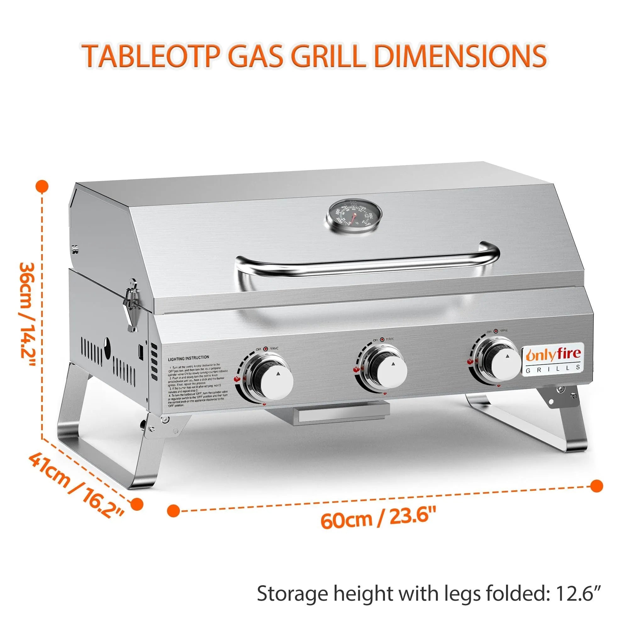 Silver stainless steel desktop gas barbecue grill with three burners and foldable legs.