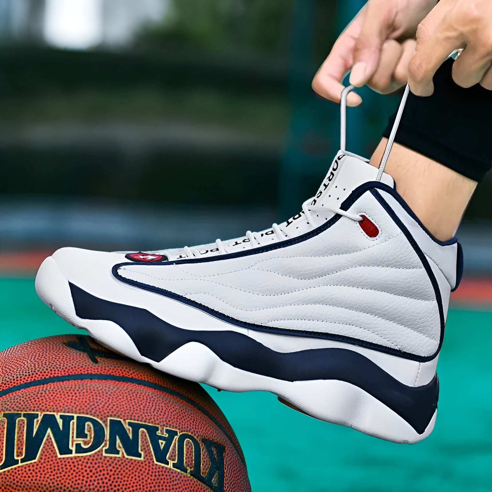 Men's high-top basketball sneakers in white and red with a mesh upper, thick rubber sole, and lace-up closure.