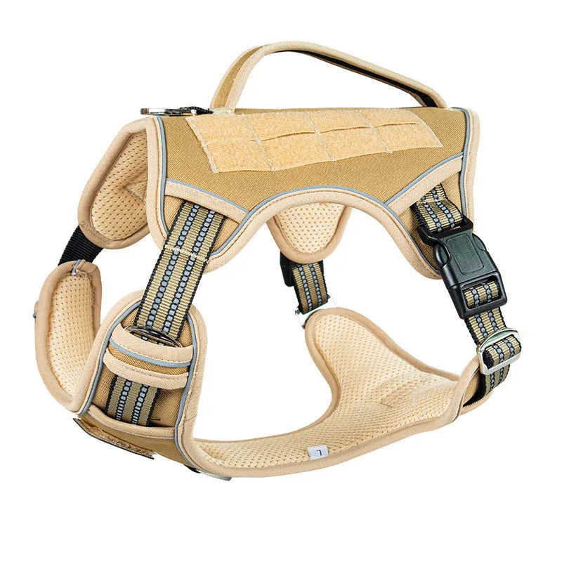 Search and rescue patrol working dog wearing tactical chest strap harness in olive green Oxford cloth