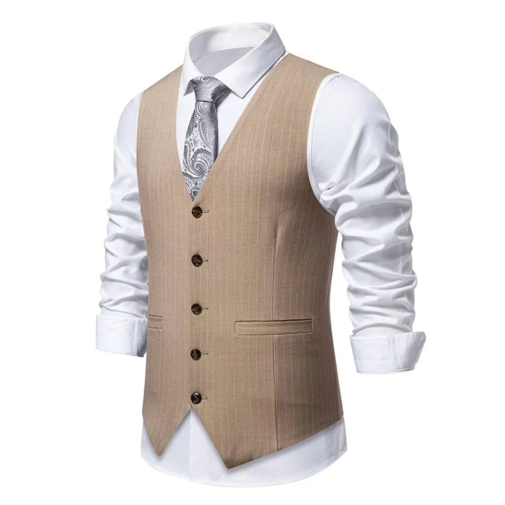 A man's striped suit vest in a formal style, showing the miter bottom hem and pocket detail.