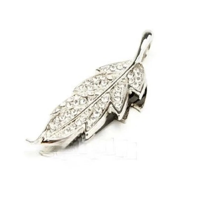 Silver metal USB flash drive with crystal jewellery leaf decoration showing 64GB capacity