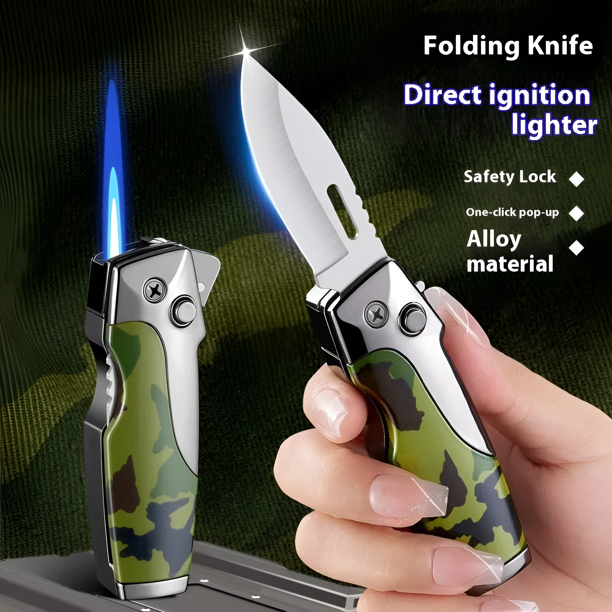 Metal folding knife lighter in camouflage finish showing unfolded blade and jet flame