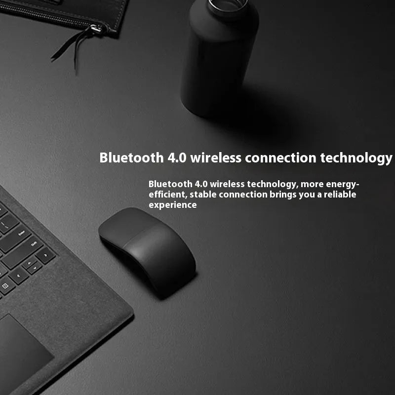 Folding wireless mouse in black with Bluetooth 4.0 showing unfolded and folded states