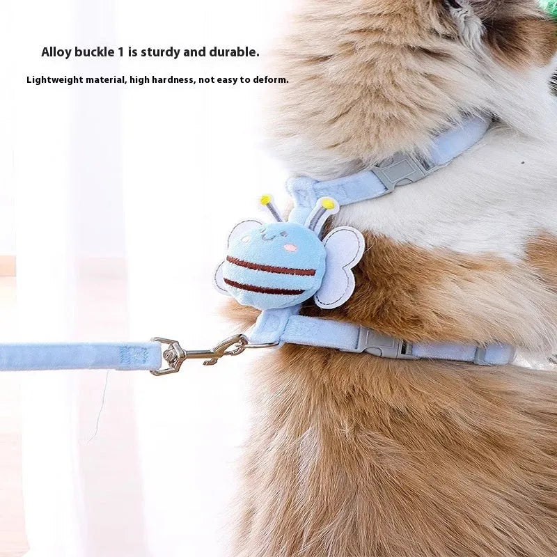 Adjustable cat harness and lead set in pink, yellow, and blue colours with strap and rope