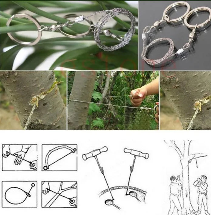 Stainless steel survival wire saw with thumb rings measuring 55cm cutting length