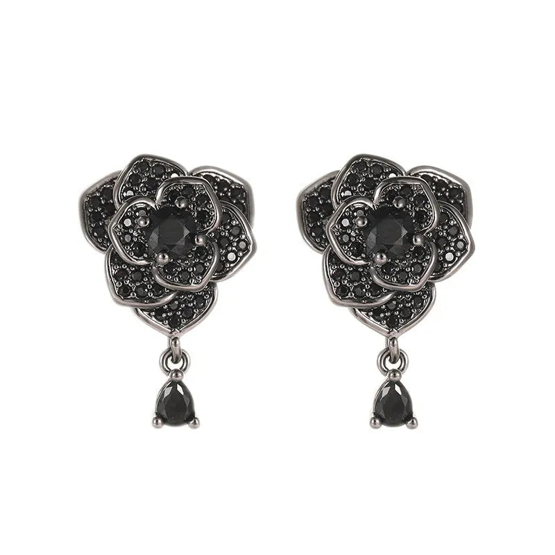 Black rose zircon floral stud earrings with electroplated copper construction and 18K purity finish