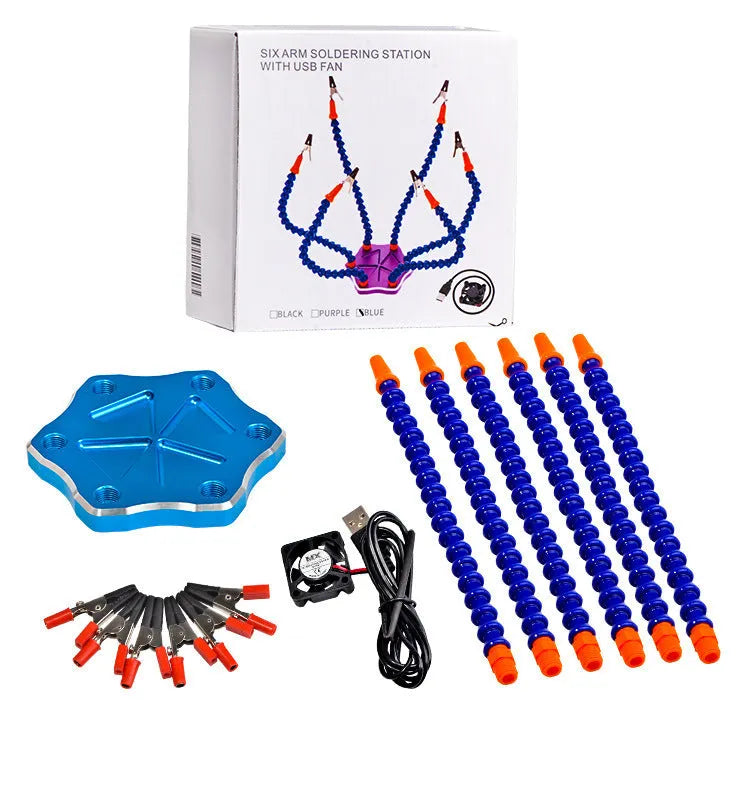 Aluminium alloy six-arm welding station with adjustable clamps in black or purple colour options