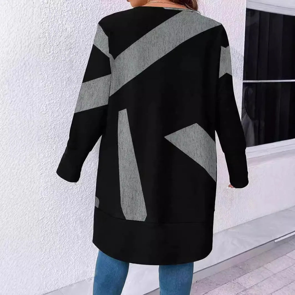 Black loose casual plus size cardigan coat with button stitching and printing design