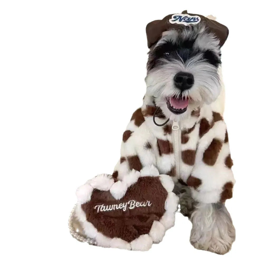 Plush polyester dog coat for small breeds in pink and brown colour options showing British style design
