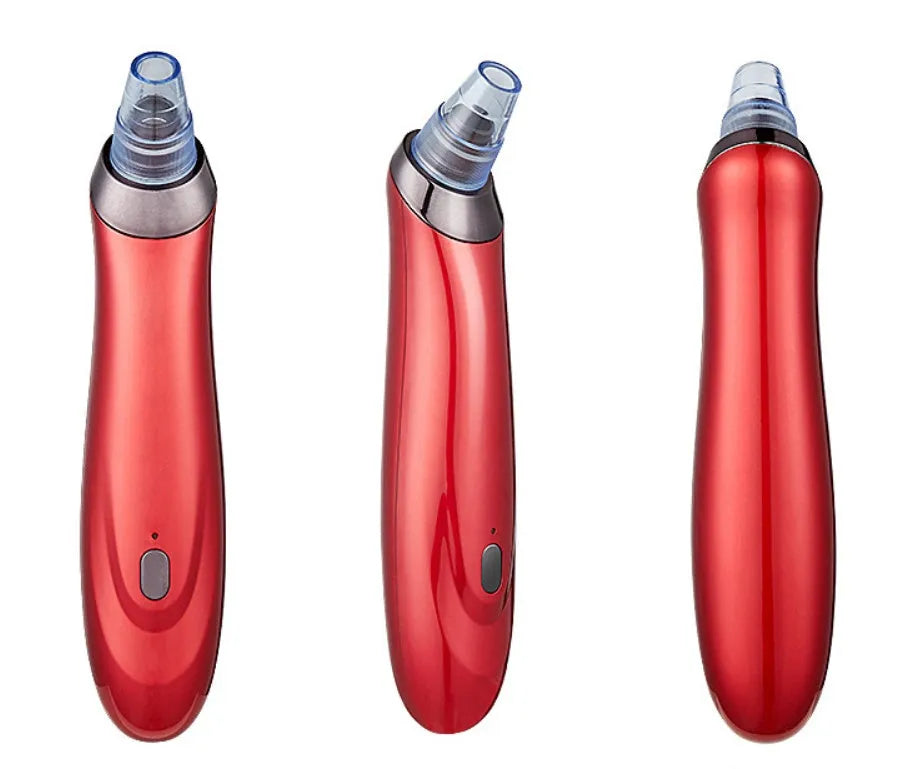 Electric blackhead remover device with five nozzle attachments in black, gold, red, or white colour options.