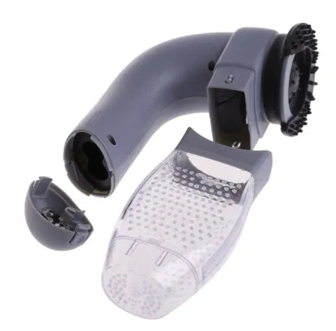 Grey handheld electric pet hair remover and massaging brush with soft rubber head.