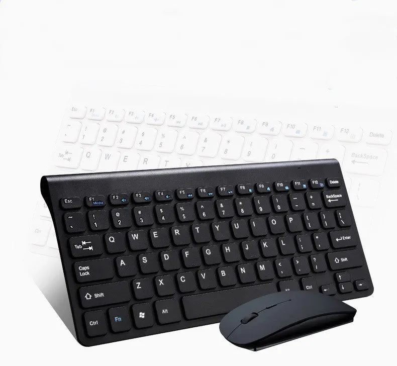 Black and white wireless keyboard and mouse set with USB receiver on wooden desk