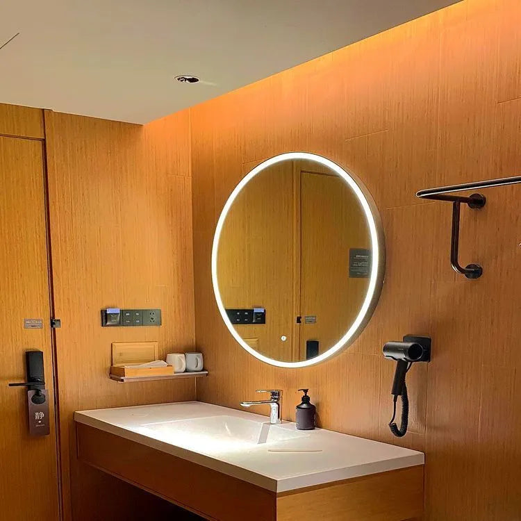 Round black aluminium frame smart LED bathroom mirror with wall mounting