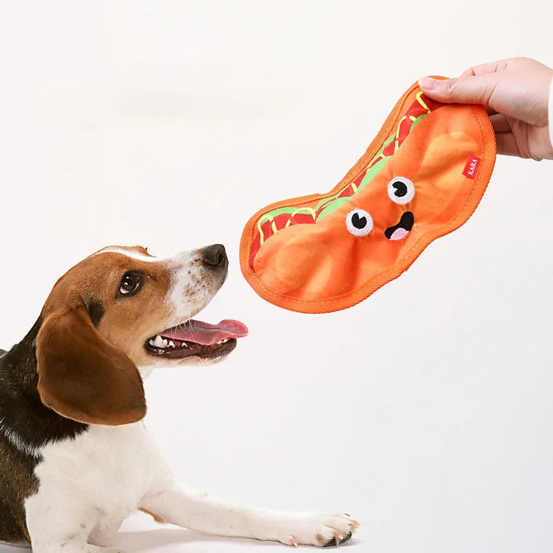 Hamburger-shaped crinkle and squeaky dog toy with vivid colours