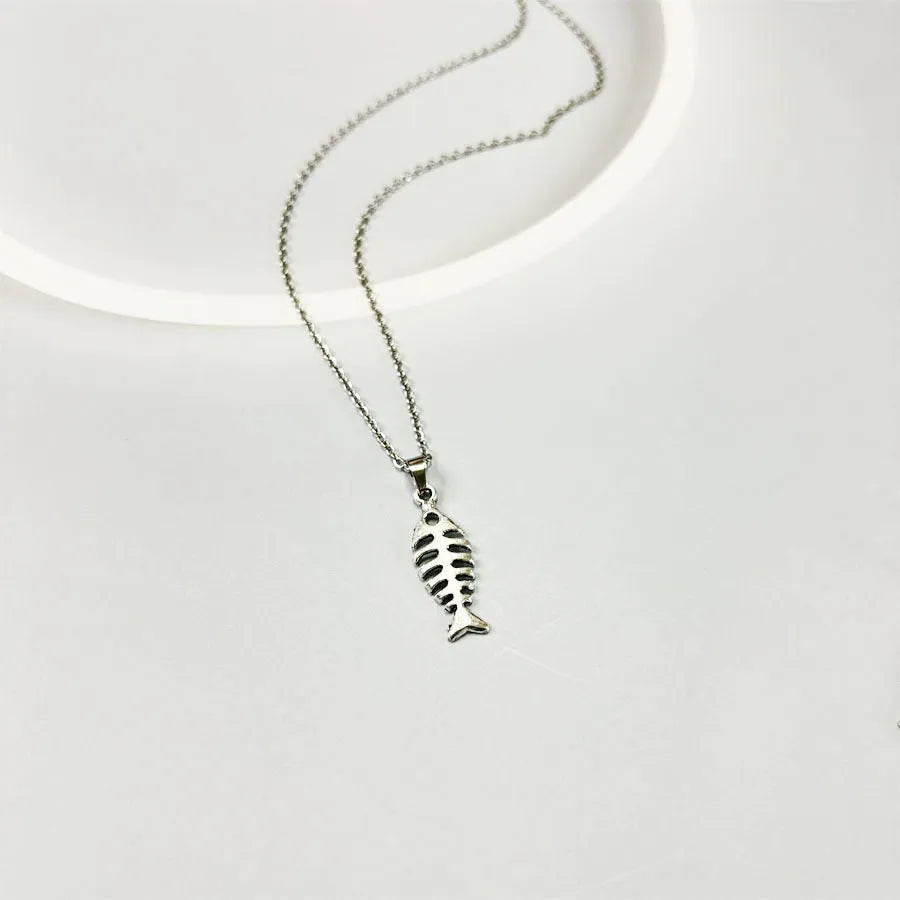 Fishbone pendant necklace and matching earrings set with adjustable chain length