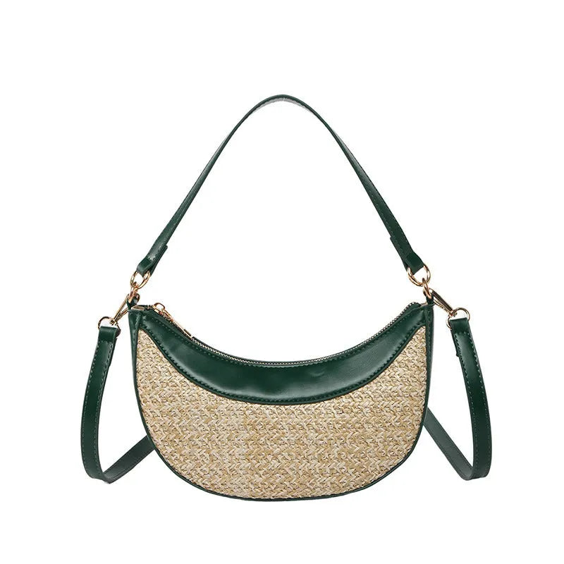 Hard straw crossbody dumpling bag showing sandwich pocket and internal zipper compartments