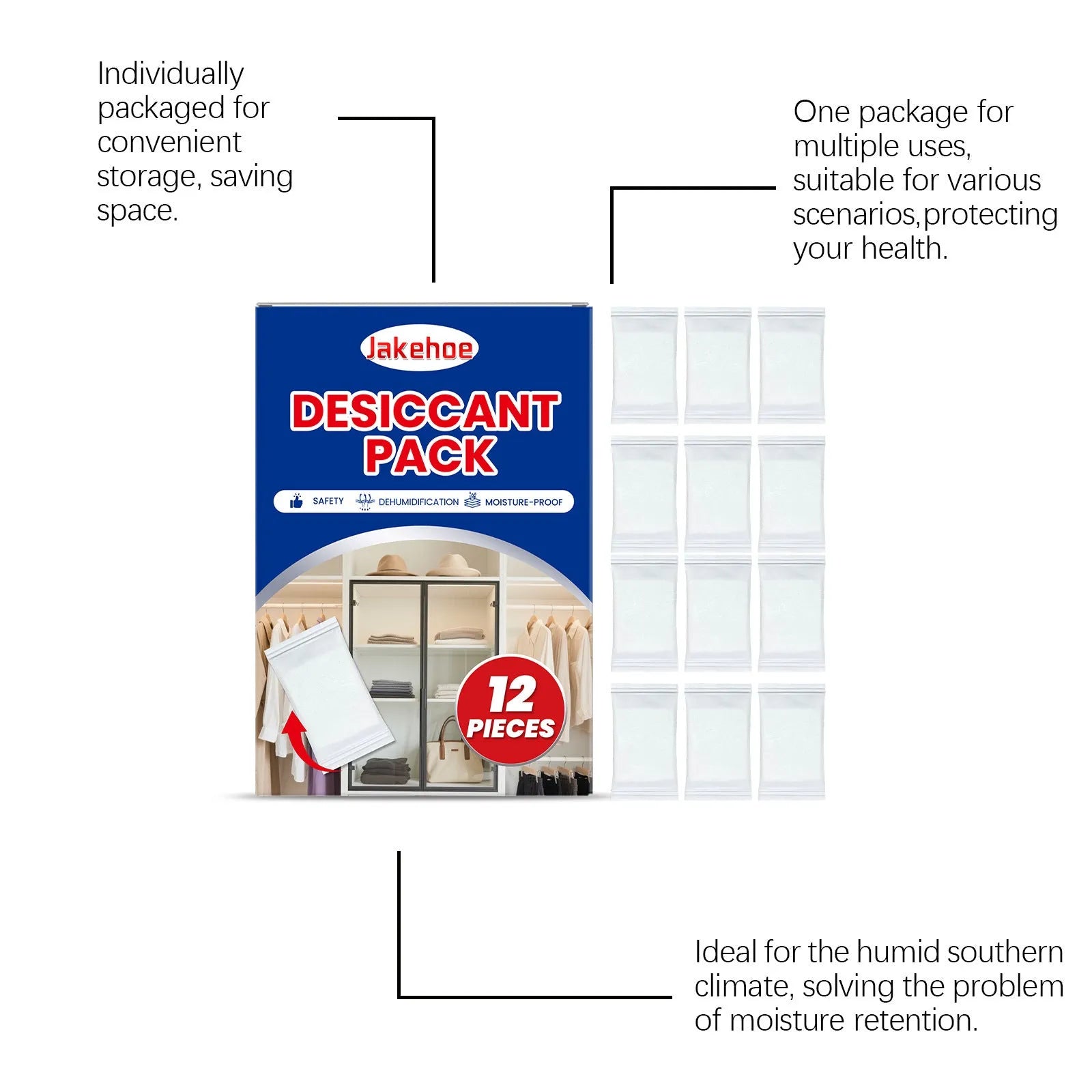 Pack of 12 white anti-odor desiccant pieces for household moisture absorption.