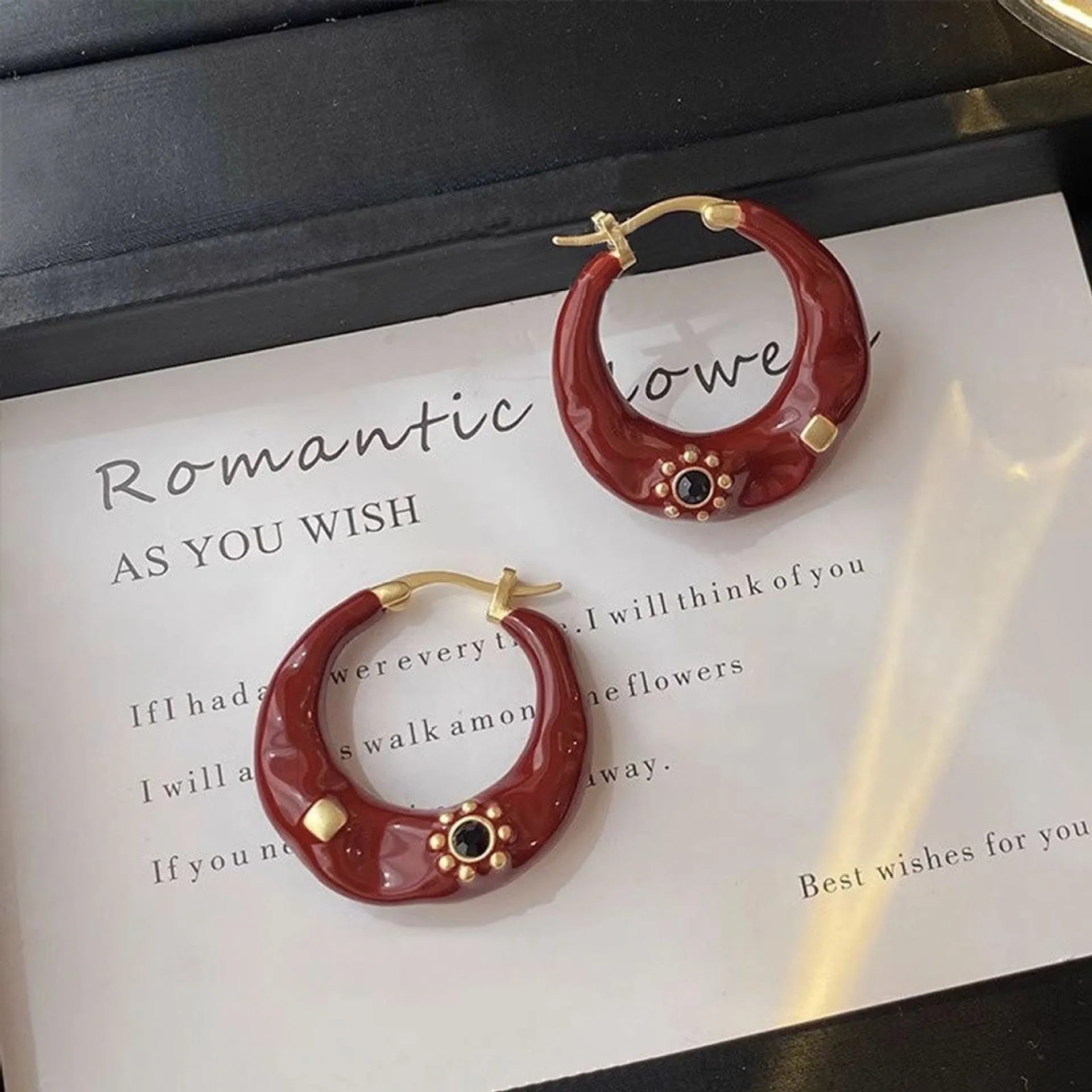 Retro Hong Kong style alloy ear studs with rhinestone inlay in black and red colour options